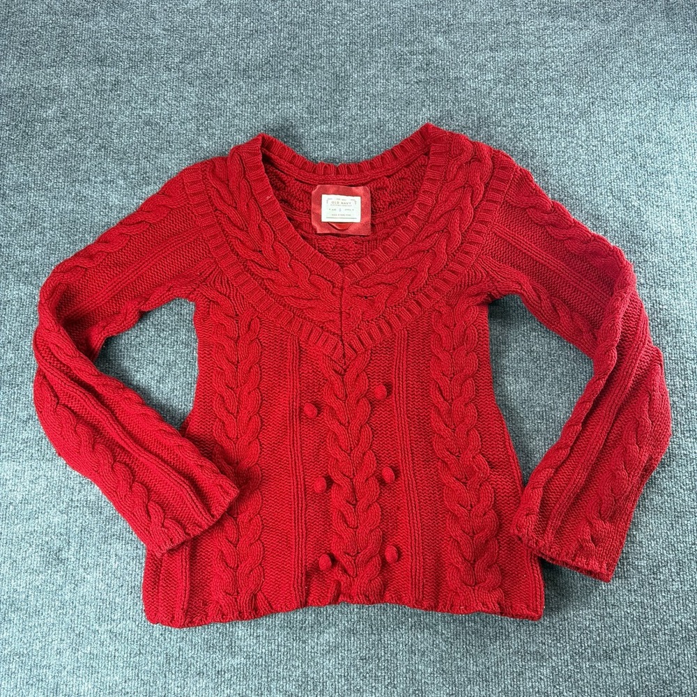 Vintage 90's Old Navy Red Cable Knit V-Neck Sweater Cotton Lambswool Fall Small
